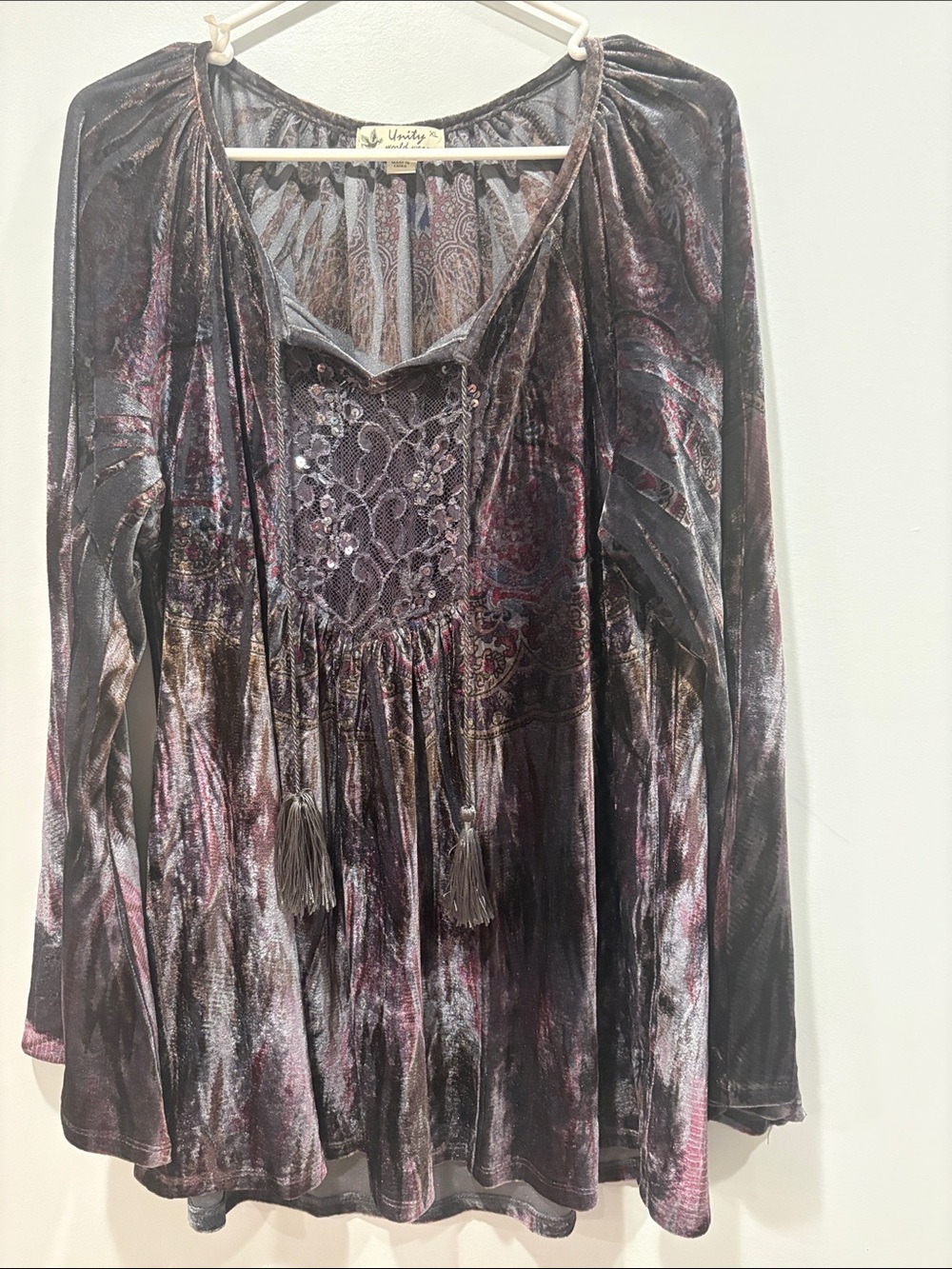 Unity World Wear Metallic Plum Velvet Peasant Dress Tassels ptp 23-25 length 31